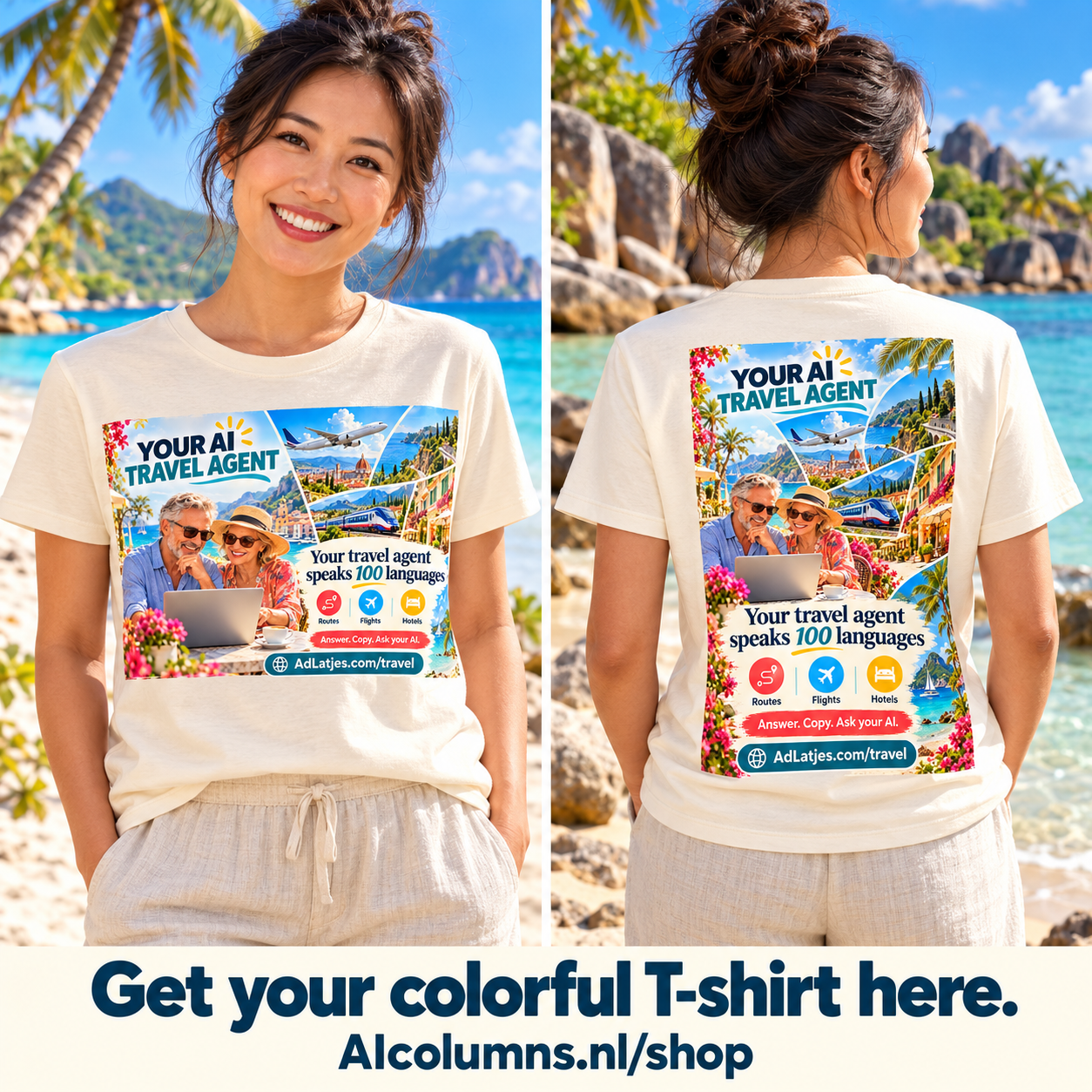 Cream T-shirt shown from the front and back on two tropical beaches. Get your colorful T-shirt here — AIcolumns.nl/shop.